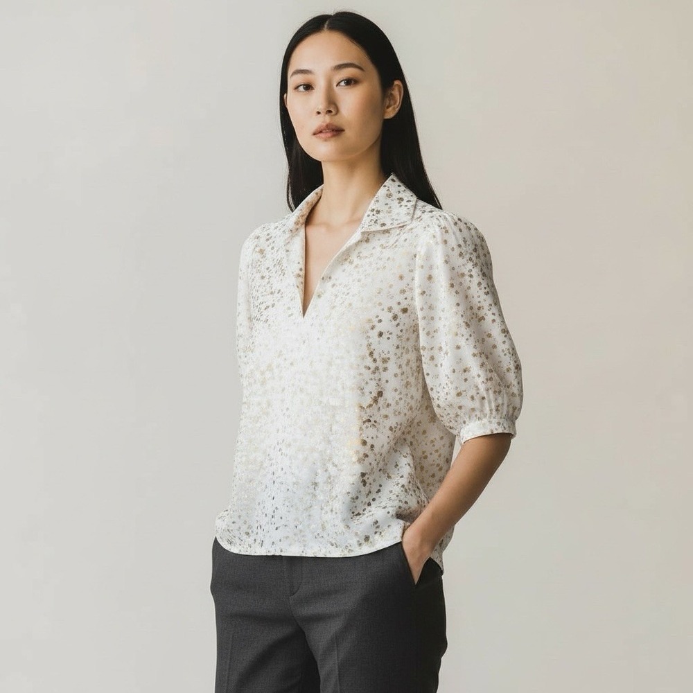 White Metallic Dot Split V-Neck Puff Sleeve Blouse